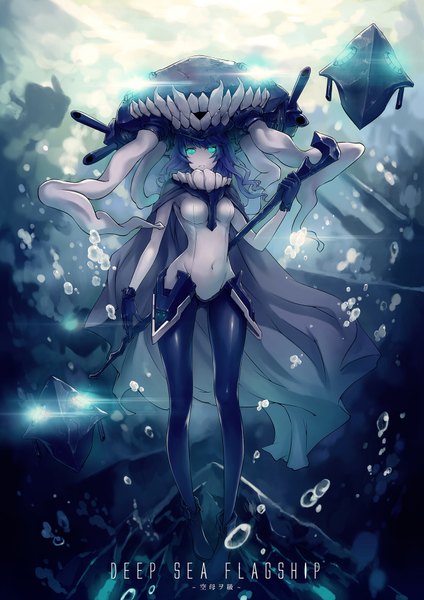 Anime picture 1273x1800 with kantai collection wo-class aircraft carrier zomoto (graytone) tall image short hair breasts standing green eyes purple hair underwater glow shinkaisei-kan girl gloves navel black gloves bodysuit bubble (bubbles) tentacles