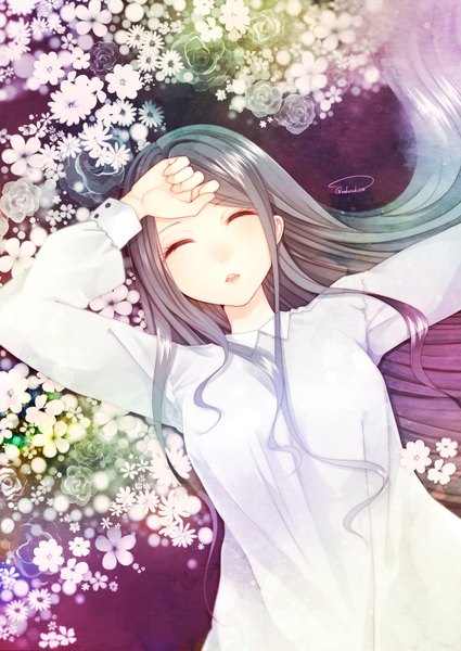 Anime picture 2507x3539 with original wakatsuki you single long hair tall image highres open mouth eyes closed grey hair girl flower (flowers)