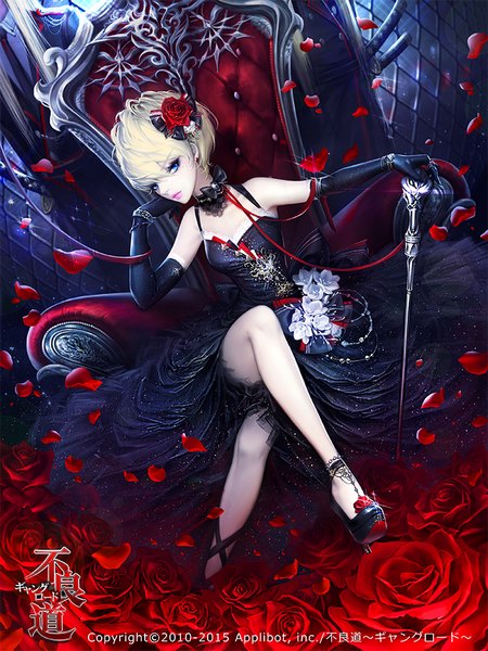 Anime picture 700x933 with furyou michi ~gang road~ dadachyo tall image looking at viewer short hair blue eyes sitting white hair hair flower crossed legs girl dress gloves hair ornament flower (flowers) ribbon (ribbons) petals black gloves elbow gloves black dress