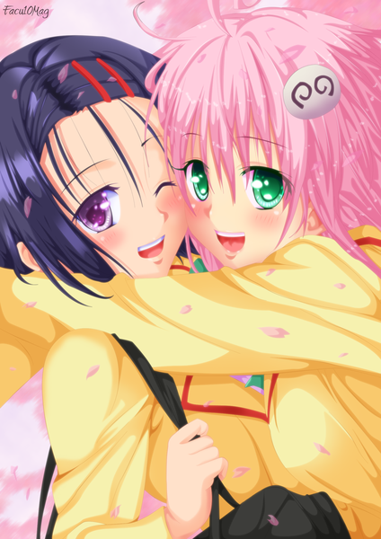 Anime picture 1700x2406 with toloveru xebec lala satalin deviluke sairenji haruna facu10mag long hair tall image blush short hair open mouth black hair smile purple eyes multiple girls green eyes pink hair one eye closed wink hug coloring