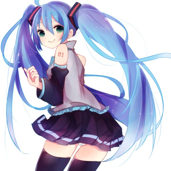 Anime picture 1200x1200 with vocaloid hatsune miku motsuni (lxxe1120) single long hair looking at viewer light erotic simple background smile white background twintails bare shoulders green eyes blue hair ahoge looking back pantyshot girl thighhighs underwear