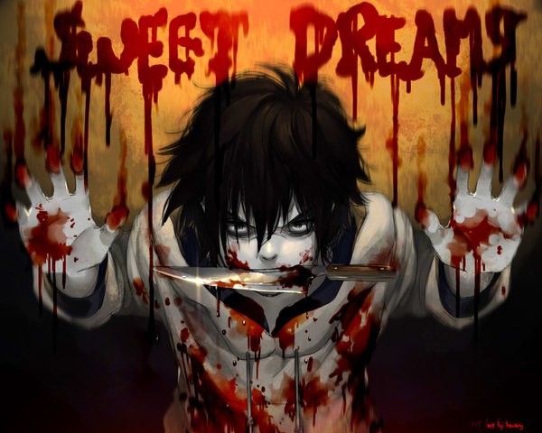 Anime picture 1000x800 with creepypasta jeff the killer kawacy single looking at viewer fringe short hair black hair hair between eyes holding black eyes leaning leaning forward mouth hold pale skin bloody clothes bloody weapon crazy boy blood