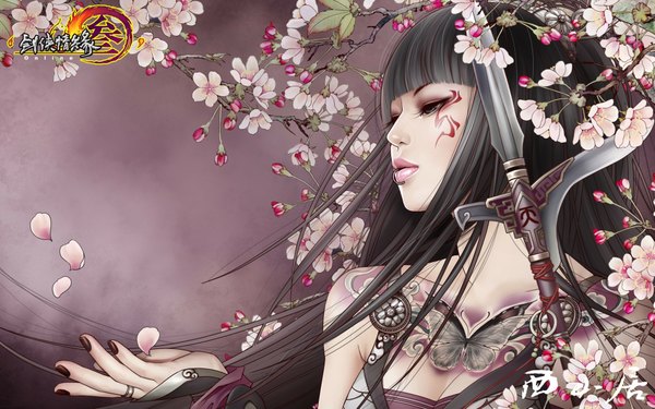 Anime picture 1920x1200 with zhang xiao bai long hair highres black hair wide image nail polish lips black eyes realistic tattoo piercing cherry blossoms girl weapon petals insect butterfly