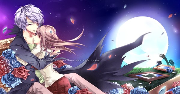 Anime picture 1152x603 with ib (game) garry (ib) ib (ib) blizz long hair short hair red eyes brown hair wide image purple eyes silver hair night sky couple hug girl boy flower (flowers) plant (plants) petals rose (roses)