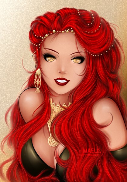 Anime picture 600x861 with original m-aelis single long hair tall image looking at viewer breasts simple background smile signed yellow eyes red hair lips girl earrings