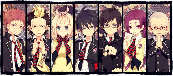 Anime picture 2362x1044 with ao no exorcist a-1 pictures okumura rin okumura yukio moriyama shiemi shima renzou kamiki izumo suguro ryuuji miwa konekomaru utaoka (23com) long hair looking at viewer blush highres short hair open mouth blue eyes black hair blonde hair smile