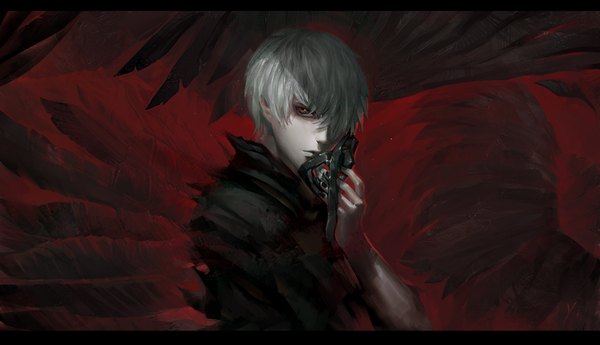 Anime picture 1600x921 with tokyo ghoul studio pierrot kaneki ken albert goodwin single fringe short hair red eyes wide image holding nail polish fingernails lips grey hair hair over one eye red background black wings boy wings feather (feathers)