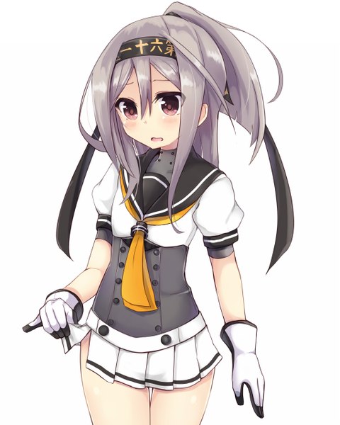 Anime picture 1024x1280 with kantai collection zuihou light aircraft carrier akizuki destroyer amano kouki single long hair tall image blush open mouth simple background white background purple eyes purple hair ponytail looking down cosplay akizuki (kantai collection) (cosplay) girl skirt gloves