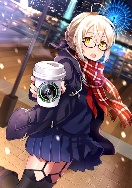 Anime picture 800x1137 with fate (series) fate/grand order starbucks artoria pendragon (all) mysterious heroine x (alter) (fate) mysterious heroine x alter (first ascension) (fate) tan (tangent) single tall image looking at viewer fringe short hair open mouth blonde hair hair between eyes standing yellow eyes ahoge outdoors blurry