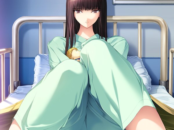 Anime picture 1024x768 with ningen debris sonobe sora single long hair brown hair sitting brown eyes game cg hug girl bed toy pajamas