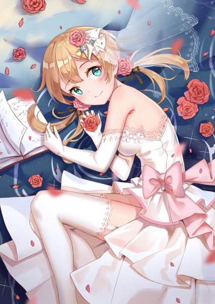 Anime picture 2480x3507 with kantai collection prinz eugen (kantai collection) yuhuan single long hair tall image looking at viewer blush highres blonde hair smile twintails bare shoulders holding green eyes lying hair flower night no bra zettai ryouiki