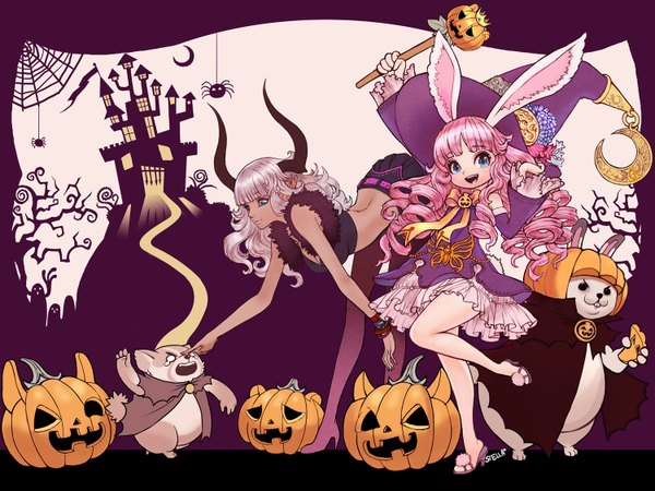 Anime picture 1500x1125 with tera online stella (artist) long hair open mouth blue eyes smile multiple girls animal ears pink hair silver hair animal tail horn (horns) drill hair halloween girl dress 2 girls animal castle
