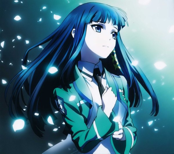 Anime picture 3291x2914 with mahouka koukou no rettousei shiba miyuki single long hair fringe highres blue hair looking away absurdres scan pale skin girl dress uniform school uniform petals necktie coat of arms