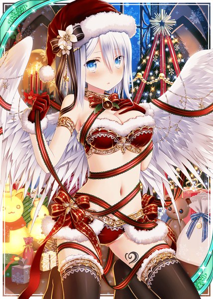 Anime picture 640x896 with shinkai no valkyrie akkijin single long hair tall image looking at viewer blush fringe breasts open mouth blue eyes light erotic bare shoulders holding white hair open clothes bare belly :o tattoo zettai ryouiki