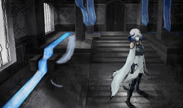 Anime picture 2000x1185 with original akaikitsune single fringe highres short hair wide image standing blue hair silver hair indoors multicolored hair two-tone hair girl gloves detached sleeves water boots window armor