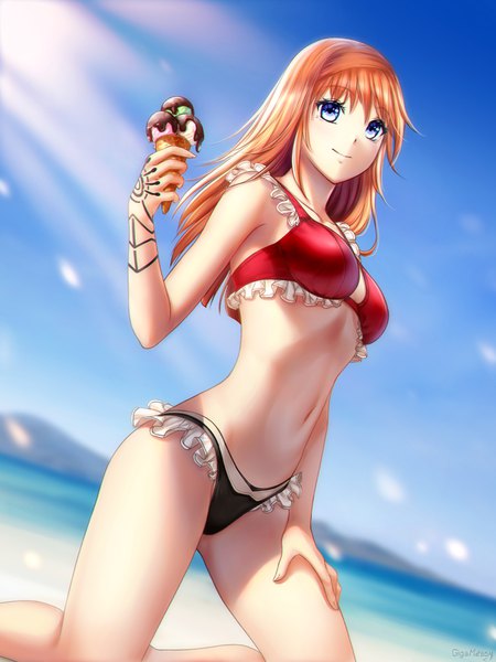 Anime picture 750x1000 with original gigamessy single long hair tall image looking at viewer fringe breasts blue eyes light erotic holding signed sky bent knee (knees) light smile sunlight blurry orange hair tattoo depth of field