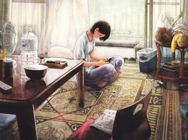 Anime picture 3351x2500 with original pixiv girls collection shirakaba highres short hair black hair absurdres playing games girl food curtains toy stuffed animal chair table fan bottle carpet leek newspaper