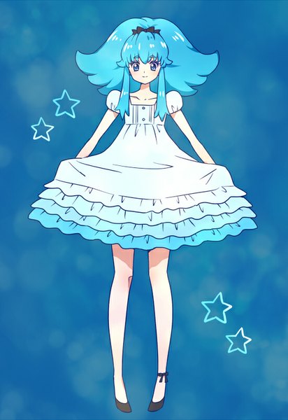 Anime picture 550x800 with precure happinesscharge precure! toei animation shirayuki hime kagami chihiro single long hair tall image looking at viewer blush fringe blue eyes payot blue hair ponytail light smile legs blue background alternate hairstyle girl