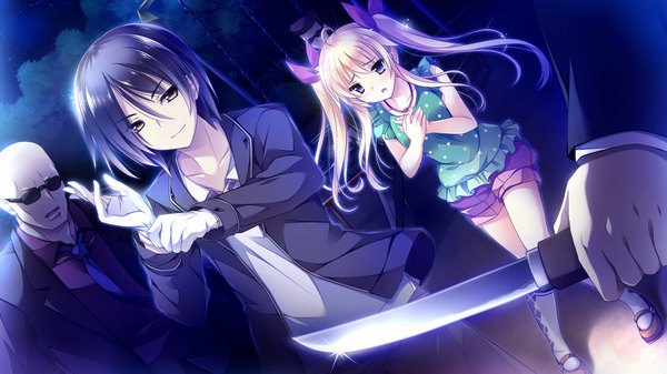 Anime picture 1920x1080 with ojousama wa gokigen naname hibiki otoha long hair highres short hair black hair blonde hair wide image purple eyes yellow eyes game cg girl boy gloves bow weapon hair bow socks shorts sunglasses