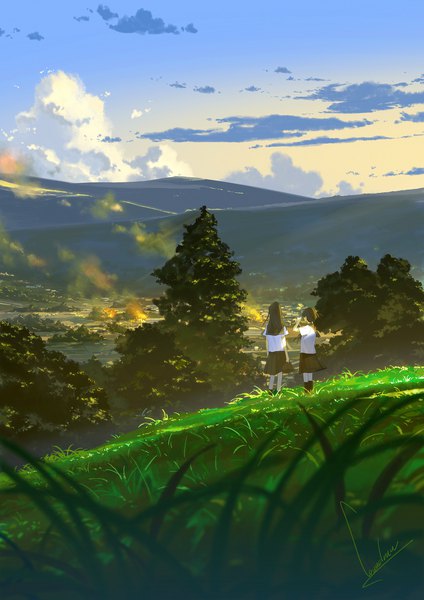 Anime picture 1157x1637 with original loundraw long hair tall image short hair black hair standing multiple girls signed sky cloud (clouds) outdoors from behind sunlight short sleeves depth of field smoke horizon landscape field
