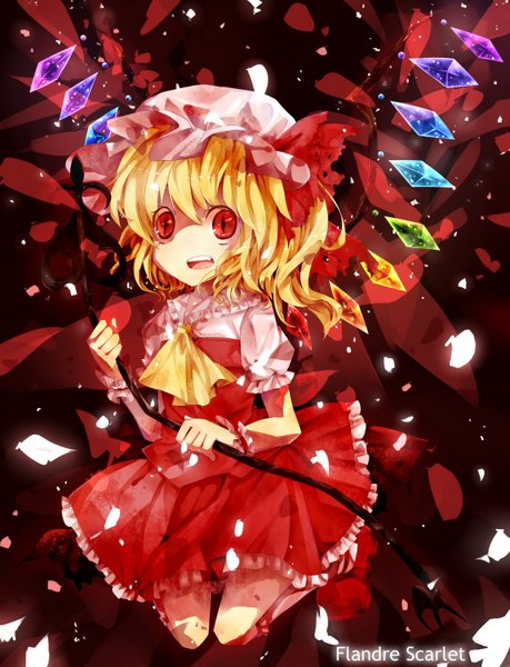 Anime picture 1148x1500 with touhou flandre scarlet everina (artist) single tall image short hair open mouth blonde hair red eyes girl dress weapon wings bonnet laevatein (touhou)