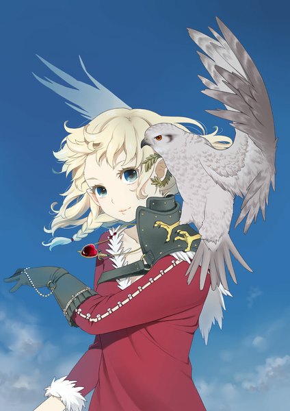 Anime picture 826x1169 with original mattaku mousuke tall image looking at viewer short hair blue eyes blonde hair sky braid (braids) light smile girl gloves animal armor bird (birds) pendant single glove spaulder (spaulders) falcon