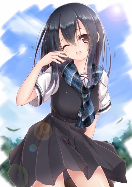 Anime picture 849x1200 with original sena chifuyu single long hair tall image looking at viewer blush open mouth black hair brown eyes sky cloud (clouds) one eye closed wink cute girl uniform school uniform leaf (leaves)