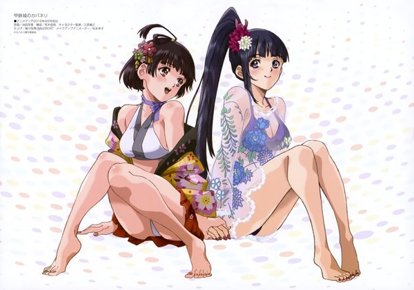 Anime picture 4085x2873 with koutetsujou no kabaneri megami magazine wit studio mumei (kabaneri) yomogawa ayame ikeda sayaka long hair blush highres short hair open mouth light erotic black hair red eyes sitting purple eyes multiple girls absurdres hair flower official art