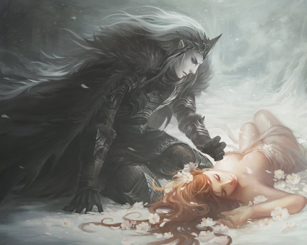 Anime picture 1280x1024 with original sandara long hair blue eyes white hair lying eyes closed wind pointy ears snowing winter snow fog girl boy flower (flowers) petals armor