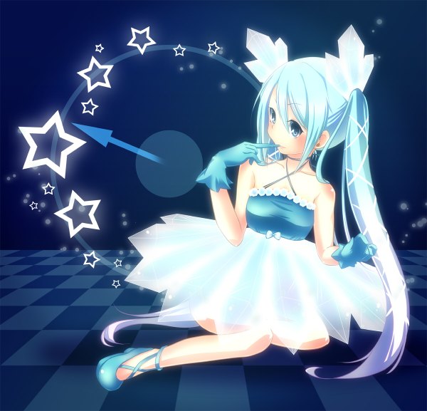 Anime picture 1200x1154 with vocaloid hatsune miku mikoko (mg2) single long hair blush blue eyes twintails looking away aqua hair finger to mouth checkered floor girl dress gloves hair ornament star (symbol) directional arrow