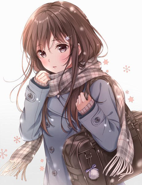 Anime picture 693x900 with original higeneko single long hair tall image looking at viewer blush fringe simple background hair between eyes brown hair brown eyes upper body parted lips sleeves past wrists snowing girl hair ornament scarf bag