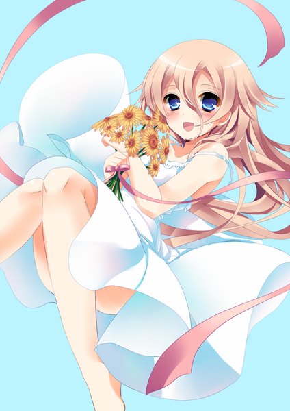 Anime picture 818x1157 with vocaloid ia (vocaloid) amamine single long hair tall image looking at viewer blush open mouth blue eyes blonde hair girl dress flower (flowers) ribbon (ribbons) sundress bouquet