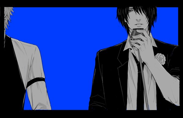 Anime picture 1600x1037 with sweet pool nitro+chiral youji sakiyama tetsuo shironuma fringe short hair black hair simple background holding grey hair hair over one eye multiple boys grey eyes monochrome blue background open collar framed twisty sleeves grey skin boy