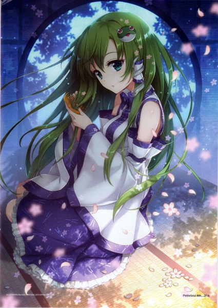 Anime picture 1790x2528 with touhou kochiya sanae an2a single long hair tall image looking at viewer fringe highres hair between eyes sitting bare shoulders holding green eyes signed payot bent knee (knees) head tilt green hair wind