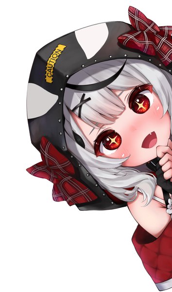 Anime picture 2122x3596 with virtual youtuber hololive sakamata chloe sakamata chloe (1st costume) kohe billialot single tall image looking at viewer blush highres short hair open mouth simple background red eyes white background silver hair upper body :d multicolored hair fang (fangs)