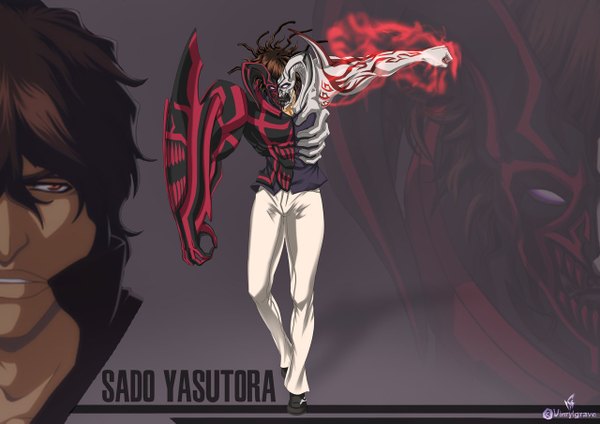 Anime picture 1280x905 with bleach studio pierrot sado yasutora brown hair brown eyes horn (horns) monster boy boy shoes pants monster