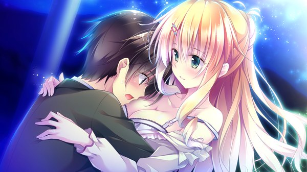 Anime picture 1920x1080 with golden marriage ensemble (studio) kasugano yukariko long hair blush highres short hair open mouth blue eyes light erotic black hair blonde hair wide image game cg couple hug girl dress boy lingerie