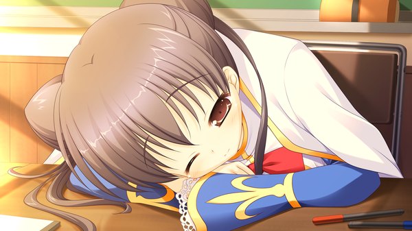 Anime picture 1280x720 with princess-style ichinomiya ayame yuyi single long hair black hair wide image twintails brown eyes game cg lying one eye closed wink loli clothes on shoulders girl uniform school uniform