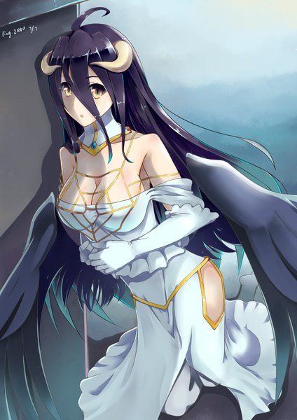 Anime picture 2480x3507 with overlord (maruyama) madhouse albedo (overlord) toyozero single long hair tall image looking at viewer fringe highres breasts open mouth light erotic black hair simple background hair between eyes large breasts bare shoulders signed yellow eyes