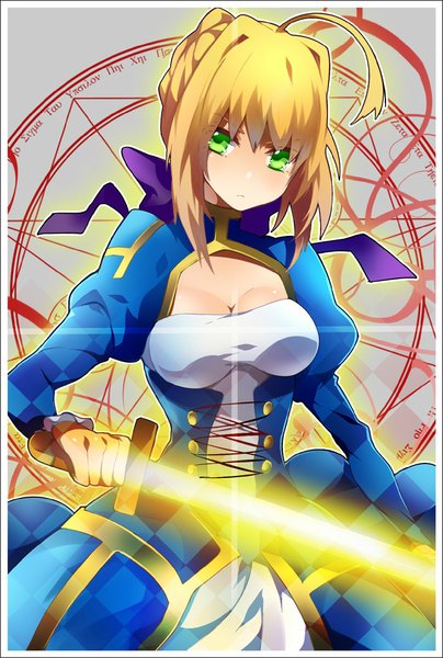 Anime picture 700x1038 with fate (series) fate/stay night type-moon artoria pendragon (all) saber akishima kei single tall image looking at viewer fringe short hair blonde hair green eyes ahoge magic border glowing weapon girl dress weapon