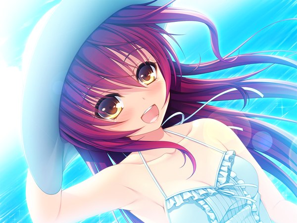 Anime picture 1024x768 with yurikago yori tenshi made echino-jael aria haruka natsuki long hair looking at viewer blush open mouth yellow eyes game cg red hair girl hat sundress