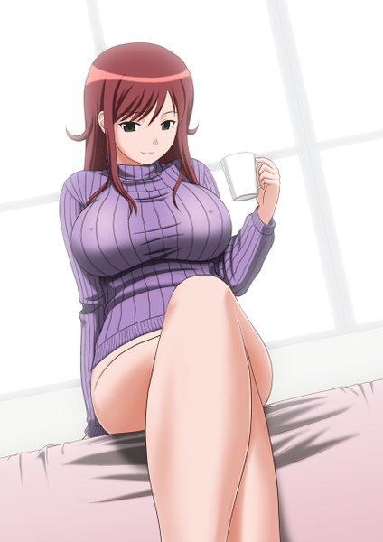 Anime picture 905x1280 with chousoku henkei gyrozetter akana rui satou chagashi single long hair tall image breasts light erotic large breasts sitting red hair black eyes crossed legs girl sweater