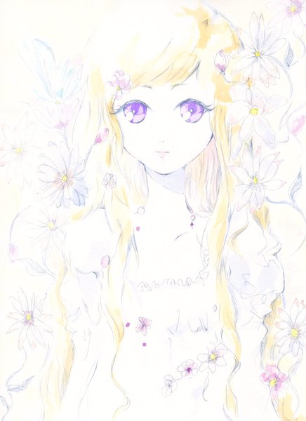 Anime picture 1500x2064 with original charmal (pixiv) single long hair tall image highres blonde hair smile purple eyes hair flower lips girl dress hair ornament flower (flowers)