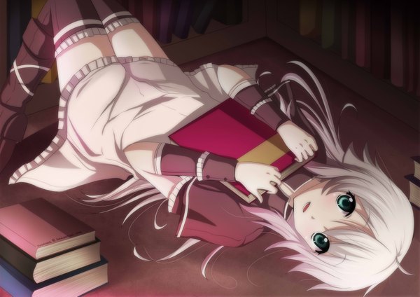 Anime picture 4092x2893 with original thaoiiees single long hair highres open mouth green eyes absurdres white hair lying girl thighhighs black thighhighs book (books) sundress shelf bookshelf
