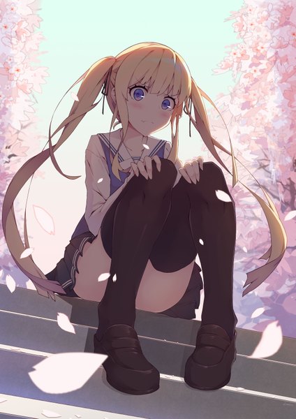 Anime picture 2480x3508 with saenai heroine no sodatekata a-1 pictures sawamura spencer eriri litsvn single long hair tall image looking at viewer blush fringe highres light erotic blonde hair twintails purple eyes payot bent knee (knees) long sleeves pleated skirt shadow