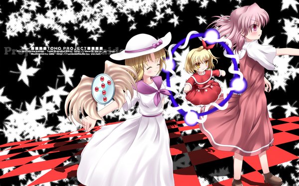 Anime picture 1920x1200 with touhou luize sara (touhou) blush highres short hair blonde hair wide image yellow eyes pink hair ponytail eyes closed pink eyes side ponytail spread arms girl dress bow ribbon (ribbons) hair bow