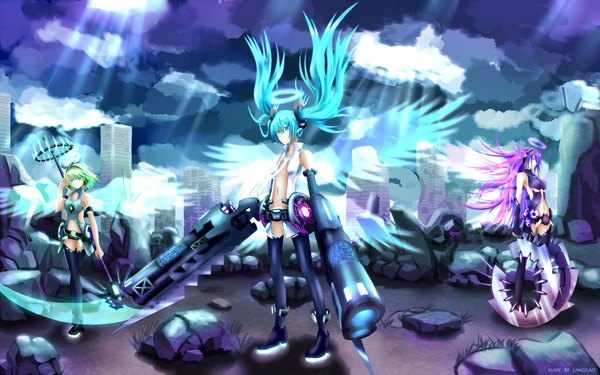 Anime picture 1280x800 with vocaloid hatsune miku megurine luka kagamine rin langjiao long hair short hair blue eyes wide image twintails multiple girls blue hair sky purple hair green hair sunlight ruins angel post-apocalyptic girl
