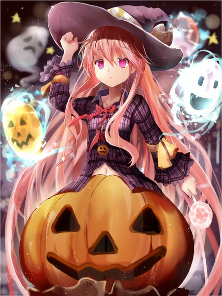 Anime picture 750x1000 with touhou hata no kokoro efe single tall image looking away pink hair very long hair pink eyes magic halloween expressionless ghost plaid girl ribbon (ribbons) hat shirt food sweets