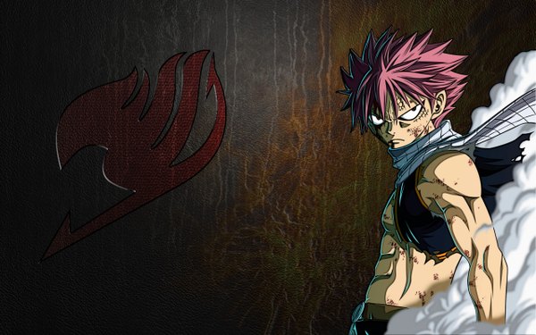 Anime picture 2560x1600 with fairy tail natsu dragneel tagme (artist) single looking at viewer highres short hair standing bare shoulders pink hair bare belly torn clothes smoke muscle boy scarf coat of arms
