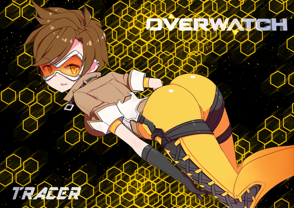 Anime picture 3507x2480 with overwatch blizzard entertainment tracer (overwatch) goyain single looking at viewer fringe highres short hair breasts light erotic brown hair brown eyes absurdres ass looking back from behind short sleeves copyright name character names